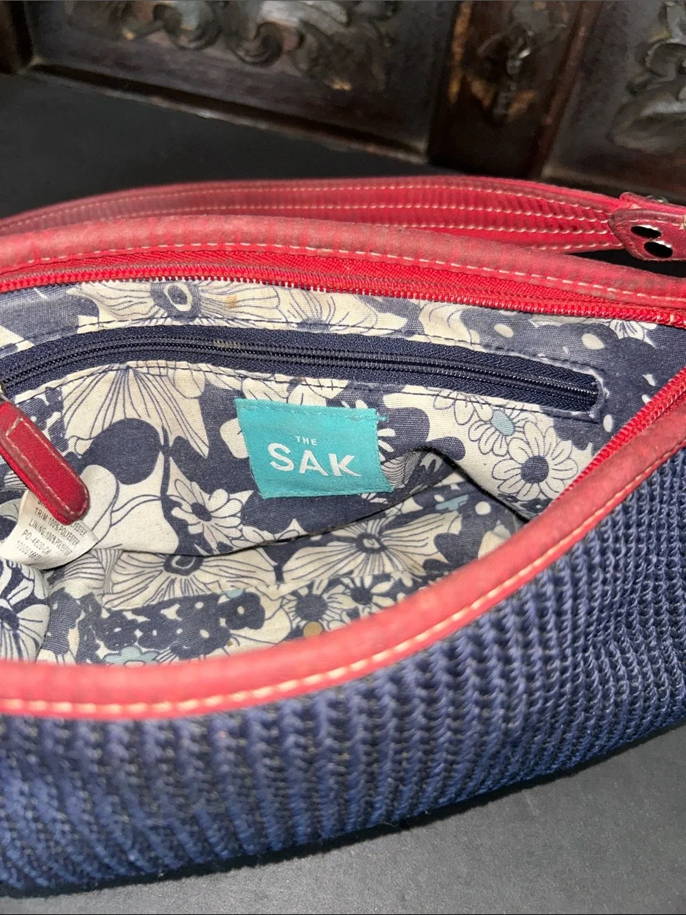 The Sak Navy Blue Crochet Woven Shoulder Bag with Red Trim